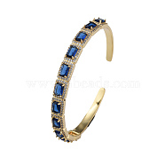 Cubic Zirconia Rectangle Open Cuff Bangle, Real 18K Gold Plated Brass Jewelry for Women, Medium Blue, Inner Diameter: 2-1/4 inch(5.7cm)(BJEW-N012-029A)