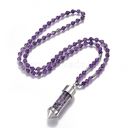 Natural Amethyst Pendant Necklace, with Glass Beads and Brass Findings, Bullet, 27.9 inch(71cm), beads: 6mm, pendant: 65x17.5mm(NJEW-I109-A03)