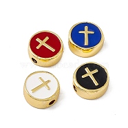 Real 18K Gold Plated Brass Enamel Beads, Long-Lasting Plated, Cadmium Free & Lead Free, Flat Round with Cross, Mixed Color, 11x4.5mm, Hole: 1.8mm(KK-F814-04G-M)
