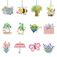 Spring Theme Wooden Pendant Decorations, Jute Cord Hanging Ornaments, Mixed Shapes, Mixed Shapes, 60~100x60~100mm, Hole: 3mm, 12style, 3pcs/style, 36pcs/set(WOOD-WH0037-006)