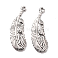 304 Stainless Steel Pendants, Feather, Stainless Steel Color, 29x10x1.5mm, Hole: 1.4mm(STAS-B024-46P-02)