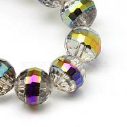 Electroplate Glass Beads Strands, Rainbow Plated, Faceted Round, White, 10x9.5mm, Hole: 1.5mm, about 32pcs/strand, 12.60 inch(32cm)(EGLA-Q069-A02)