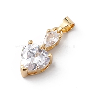 Rack Plating Brass Cubic Zirconia Pendants, Long-Lasting Plated, Cadmium Free & Lead Free, Real 18K Gold Plated, Heart Charm, Clear, 19x9x6mm, Hole: 5x3mm(KK-E003-19G-02)