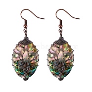 Abalone Shell/Paua Shell Oval with Tree of Life Dangle Earrings, Brass Wire Wrapped Drop Earrings for Women, Red Copper, 55.5~57.5mm, Pin: 0.6mm(EJEW-SZ0001-66B)