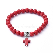 Stretch Charm Bracelets, with Synthetic Turquoise(Dyed) Beads, Tibetan Style Alloy Tube Bails, Cross, FireBrick, Inner Diameter: 2-1/8 inch(5.4cm)(BJEW-JB05234-02)