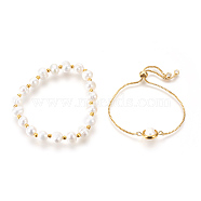 Pearl Bracelets Sets, Slider Bracelets and Stretch Bracelets, with Brass Findings, Round, 2-1/8 inch(5.4cm), 8.6 inch(22cm), 2pcs/set(BJEW-JB03914)