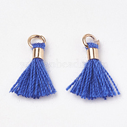 Polycotton(Polyester Cotton) Tassel Pendant Decorations, Mini Tassel, with Brass Findings, Light Gold, Blue, 10~15x3~4mm, Hole: 2mm(FIND-S275-13G)