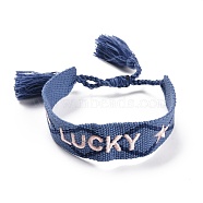 Word Lucky Polycotton(Polyester Cotton) Braided Bracelet with Tassel Charm, Flat Adjustable Wide Wristband for Couple, Marine Blue, Inner Diameter: 2~3-1/8 inch(5~8cm)(BJEW-F429-08)