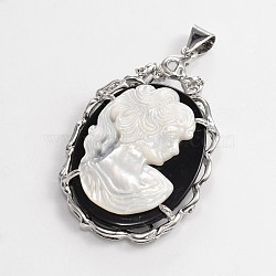 Girls Natural White Shell Mother of Pearl Shell Cameo Oval Big Pendants, with Platinum Plated Brass Finding, 57x34x6mm, Hole: 7x4mm(X-KK-P027-01)