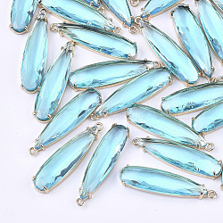 Transparent Glass Pendants, with Brass Findings, Faceted, Teardrop, Light Gold, Aqua, 32x8x4mm, Hole: 1.2mm(X-GLAA-T007-15C)