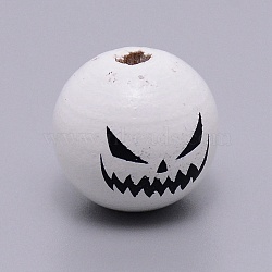 Natural Wood Beads, Halloween Theme, Round with Expression Pattern, White, 15.5~16mm, Hole: 4mm(WOOD-TAC0007-54)