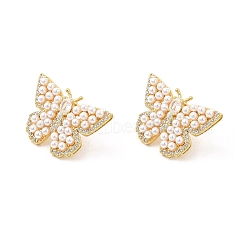Clear Cubic Zirconia Butterfly Stdud Earrings with ABS Pearl Beaded, Brass Jewelry for Women, Cadmium Free & Lead Free, Real 18K Gold Plated, 17.5x25.5mm, Pin: 0.8mm(EJEW-P213-06G)