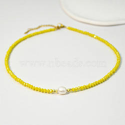 Natural Freshwater Pearl & Glass Beaded Necklaces for Women, Yellow(AC5368-5)