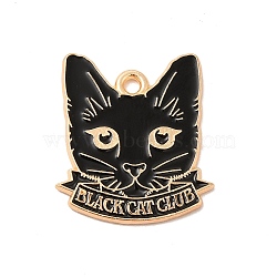 Alloy Enamel Pendants, Light Gold, Cat with Word Black Cat Club Charm, Black, 24x21x1.5mm, Hole: 2mm(ENAM-A143-06KCG-02)