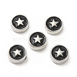 Brass Enamel Beads, Flat Round with Star, Platinum, Black, 10.8x4.6mm, Hole: 2mm(KK-E068-VB453-1)