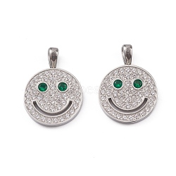 304 Stainless Steel Pendants, with Glass Rhinestone, Flat Round with Smiling Face Pattern Charm, Stainless Steel Color, 23.5x17x2.7mm, Hole: 3x2.5mm(STAS-G309-04P)