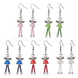 304 Stainless Steel Fairy Dangle Earrings, Glass Seed & Acrylic Pearl Long Drop Earrings, Mixed Color, 55.5x14mm(EJEW-MZ00129)