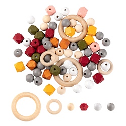 250Pcs 10 Styles Natural Unfinished Wood Beads & Linking Rings, for DIY Craft Making, Annular & Round & Polygon, Mixed Color, 250pcs/bag(WOOD-LS0001-41)