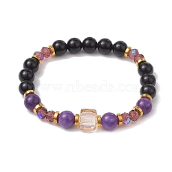 8mm Round Natural Obsidian & Dyed Quartz Beaded Stretch Bracelets, Faceted Cube Glass Bracelets for Women, Inner Diameter: 2-1/2 inch(6.2cm), Round: 8mm(BJEW-JB10436)