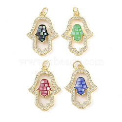 Brass Micro Pave Clear Cubic Zirconia Pendants, with Enamel and Shell & Jump Ring, Real 18K Gold Plated, Hamsa Hand Charm, Mixed Color, 24x17x3mm, Hole: 2.8mm(KK-Q813-04G)
