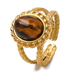 Oval Natural Tiger Eye Finger Rings, Golden Tone 304 Stainless Steel Cuff Rings for Women Men, Inner Diameter: Adjustable(RJEW-Q822-25G-01)