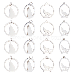 20Pcs 2 Style 201 Stainless Steel Pendants, Howling Wolf Pendants, with Unsoldered Jump Rings, Flat Round with Wolf, Stainless Steel Color, 10pcs/style(STAS-UN0028-49)