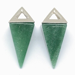 Natural Green Aventurine Pendants, with Alloy Findings, Triangle, Platinum, 34x14x14.5mm, Hole: 4x6mm(KK-E757-D-03P)