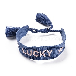 Word Lucky Polycotton(Polyester Cotton) Briaded Bracelet with Tassel Charm, Flat Adjustable Wide Wristband for Couple, Marine Blue, Inner Diameter: 2~3-1/8 inch(5~8cm)(BJEW-F429-08)
