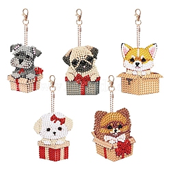 Gift Box & Dog DIY Diamond Pendant Decoration Kit, Including Acrylic Board, Clasp, Bead Chain, Resin Rhinestones Bag, Diamond Sticky Pen, Tray Plate and Glue Clay, Mixed Color, 70x50mm, 5pcs/set(PW-WG93542-01)