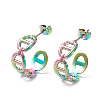304 Stainless Steel C-shape Stud Earrings, Oval Link Wrap Half Hoop Earrings for Women, Rainbow Color, 21.5x20.5x7mm, Pin: 0.7mm