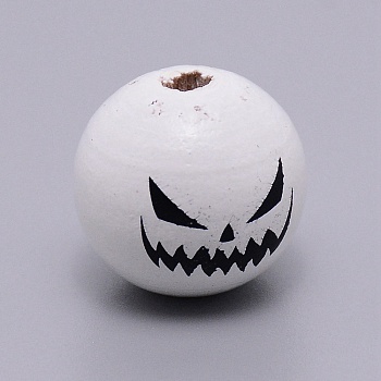 Natural Wood Beads, Halloween Theme, Round with Expression Pattern, White, 15.5~16mm, Hole: 4mm