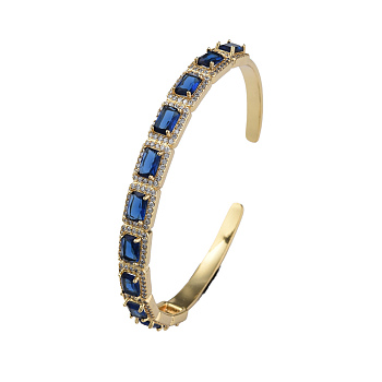 Cubic Zirconia Rectangle Open Cuff Bangle, Real 18K Gold Plated Brass Jewelry for Women, Medium Blue, Inner Diameter: 2-1/4 inch(5.7cm)