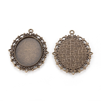 Antique Bronze Tibetan Style Pendant Cabochon Settings, DIY Findings for Jewelry Making, Nickel Free, about 48x61x3mm thick, hole: 3mm, Flat Oval Tray: 30x40mm