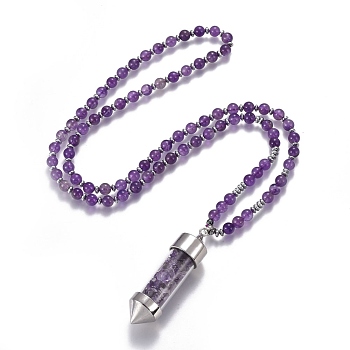 Natural Amethyst Pendant Necklace, with Glass Beads and Brass Findings, Bullet, 27.9 inch(71cm), beads: 6mm, pendant: 65x17.5mm