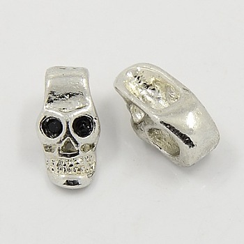 Alloy European Style Beads, for Halloween, with Rhinestone, Platinum Metal Color, Skull, Black, 16x9.4x8.2mm, Hole: 4mm