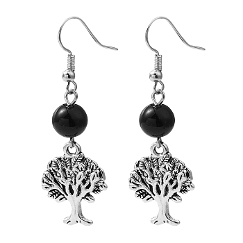 Fashion Tree of Life Earrings, with Tibetan Style Pendant, Glass Beads and Brass Earring Hook, Black, 50mm
