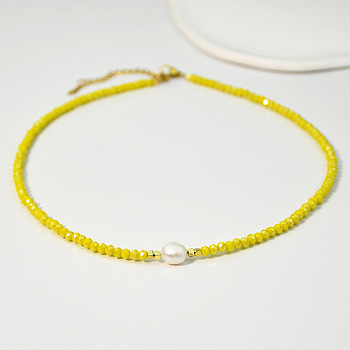 Natural Freshwater Pearl & Glass Beaded Necklaces for Women, Yellow