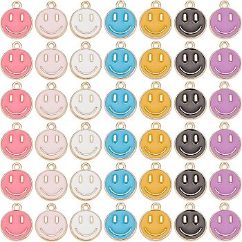 98Pcs 7 Colors Light Gold Alloy Enamel Charms, Cadmium Free & Lead Free, Flat Round with Smile, Mixed Color, 14.5x12x1.5mm, Hole: 1.5mm, 14pcs/color