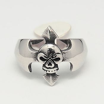 Unique Retro Men's Halloween Jewelry 304 Stainless Steel Skull Rings, Antique Silver, 17~23mm