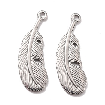 304 Stainless Steel Pendants, Feather, Stainless Steel Color, 29x10x1.5mm, Hole: 1.4mm