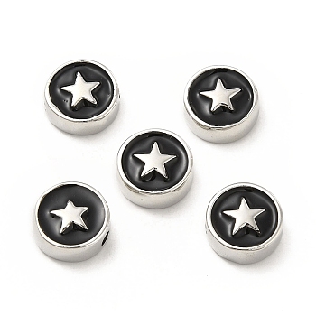 Brass Enamel Beads, Flat Round with Star, Platinum, Black, 10.8x4.6mm, Hole: 2mm