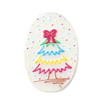 Printed  Acrylic Pendants, for Christmas, Oval with Chriatmas Tree Charm, White, 39.5x26x2mm, Hole: 1.6mm