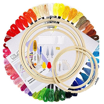 DIY Cross Stitch Counted Kits, including Threads, Bamboo Embroidery Hoop, Aida Cloth, Threader, Scissor, Blunt Needle, Seam Ripper, Thread Winding Board, Thimble, Mixed Color, 124pcs/set