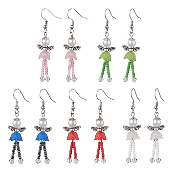 304 Stainless Steel Fairy Dangle Earrings, Glass Seed & Acrylic Pearl Long Drop Earrings, Mixed Color, 55.5x14mm