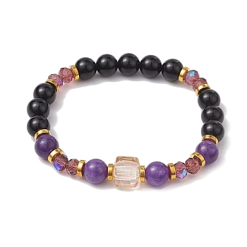 8mm Round Natural Obsidian & Dyed Quartz Beaded Stretch Bracelets, Faceted Cube Glass Bracelets for Women, Inner Diameter: 2-1/2 inch(6.2cm), Round: 8mm