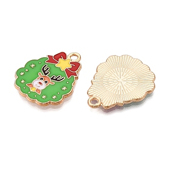 Christmas Theme Alloy Enamel Pendants, Cadmium Free & Lead Free, Light Gold, Christmas Wreath, 23x18x1.5mm, Hole: 1.8mm