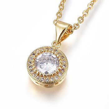 304 Stainless Steel Pendant Necklaces, with Cubic Zirconia, Clear, Flat Round, Golden, 17.71 inch(45cm)