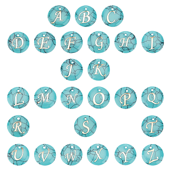 SUNNYCLUE DIY Jewelry Pendants Making Kits, with Synthetic Turquoise Charms, with Plastic Alphabet, Flat Round, 15x2mm, Hole: 1.5mm, 26 letters, 1pc/letter, 26pcs/box