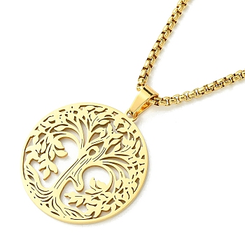 Titanium Steel Pendant Necklaces, Box Chain, Tree of Life, Golden, 23.35~23.46 inch(59.3~59.6cm)