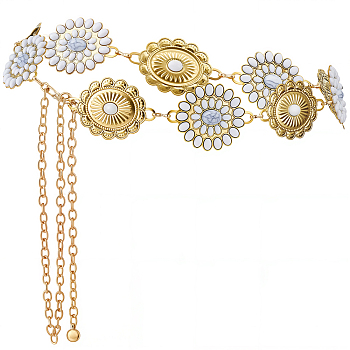 1Pc Alloy Oval with Flower Link Chain Waist Belly Chains for Women, with Iron and Synthetic Turquoise, White, Antique Golden, 695mm